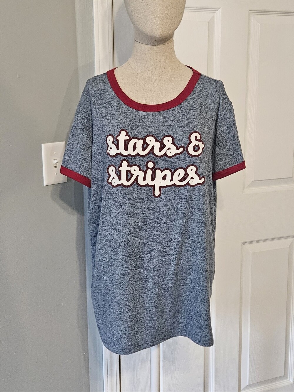 LuLaRoe Heather Gray Tee with Red Neck Trim and Stars And Stripes Logo